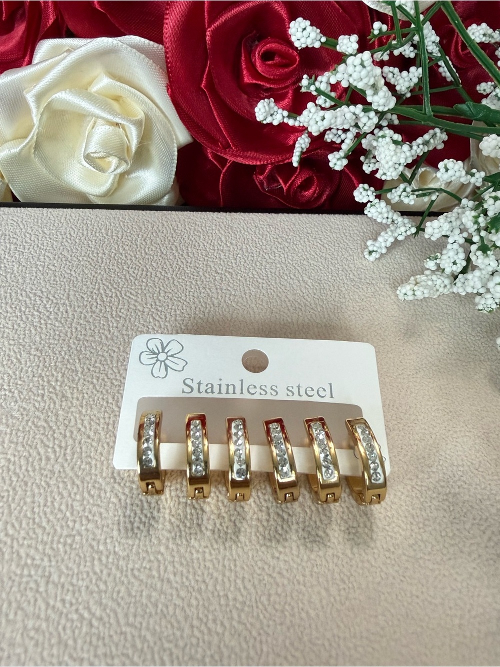 Stainless Steel Gold-Tone Crystal Huggie Earrings - Set of 3